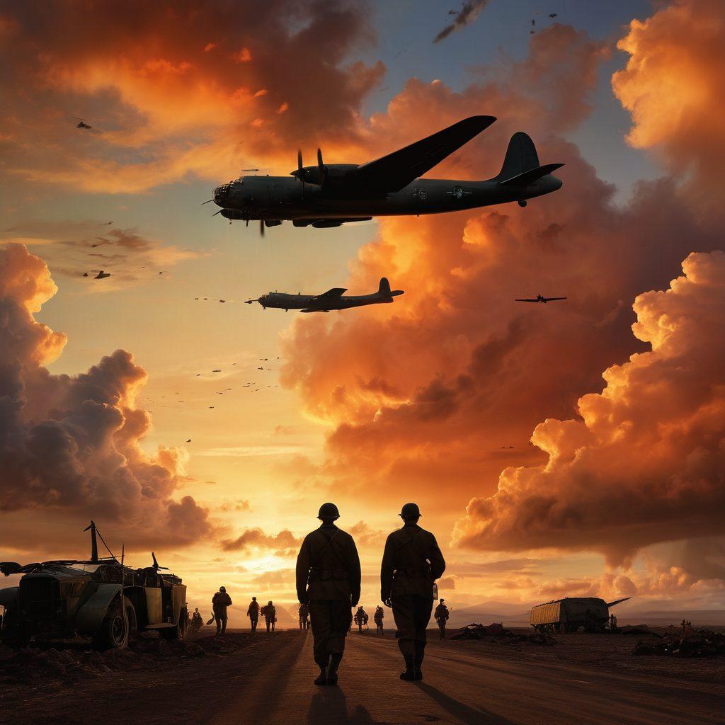 A dramatic, historical scene depicting the Enola Gay in a vivid sunset sky, juxtaposed with shadowy outlines of soldiers and civilians reflecting the impacts of war. Include detailed textures of the aircraft and an ominous cloud formation above, hinting at the atomic bomb's legacy. Contrast the serene background with the tension of history. vintage illustration. warm colors. atmospheric lighting.
