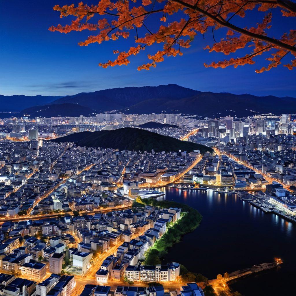 A dramatic aerial view of the Enola Gay flying over a vivid cityscape of Hiroshima and Nagasaki during the twilight hours. Below, the contrasting landscapes reflect the devastation of war and the beauty of recovery, with blossoming cherry trees and ruined buildings. Incorporate a subtle nuclear explosion in the background to signify the pivotal moment in history. The sky should be a mix of deep blues and fiery oranges to evoke emotion and tension. super-realistic. vibrant colors. atmospheric.