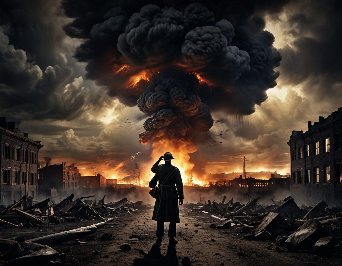 A dramatic scene depicting a pivotal moment from World War II, showing a shadowed figure, symbolizing leadership, making a decisive call with a backdrop of a city in flames and an ominous mushroom cloud rising in the distance. Add elements of contrasting light and dark to represent the weight of choices, along with historical documents scattered on the ground. The atmosphere should evoke a sense of urgency and gravity. cinematic realism. dark tones. high detail.